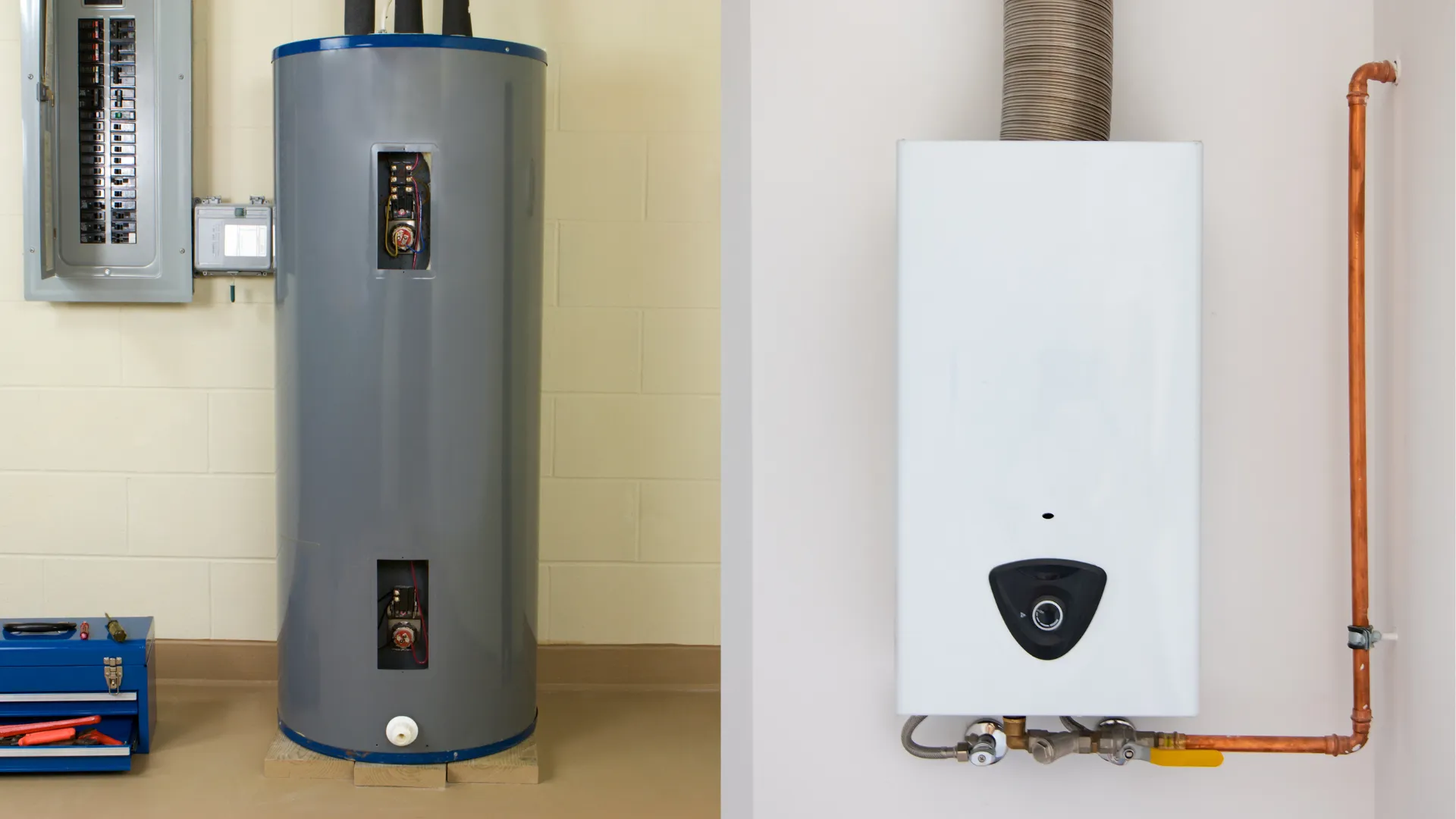 side by side of a traditional water heater and a tankless one