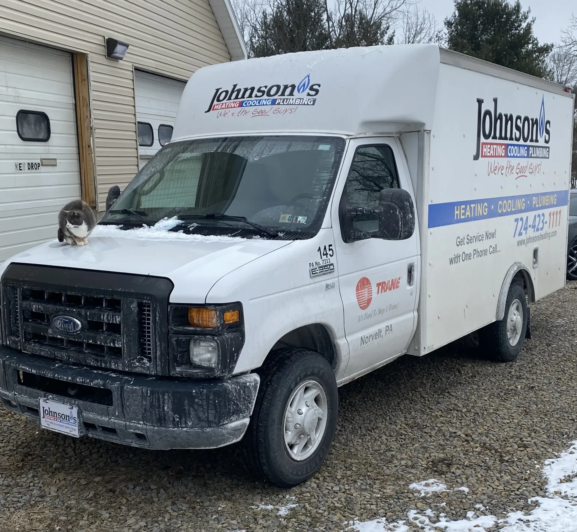 Johnson's HVAC truck sitting outside in the winter time to prepare for the Furnace Giveaway 